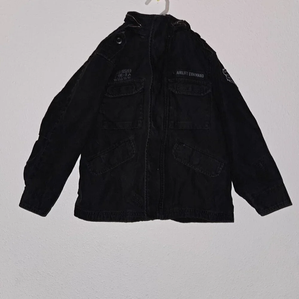 Old Navy Black Denim Jacket Full Zip Hooded Boys XS Airlift Command Halloween